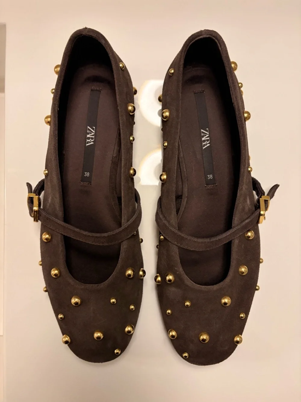 Zara Chocolate Brown Suede Mary Jane Flats with Gold Studs - Picture 2 of 5